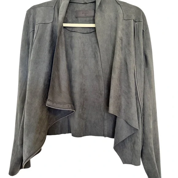 Blank NYC Faux Wrap Vegan Suede Asymmetrical Zip Draped Moto Jacket Grey Medium - Picture 2 of 8